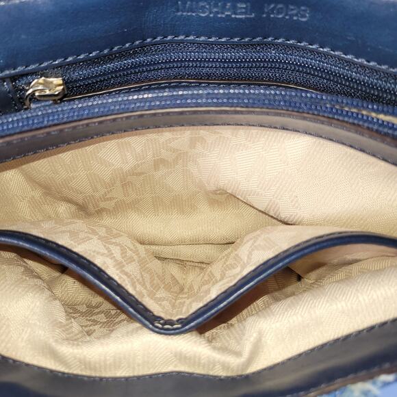 Michael Kors Sloan Denim Crossbody Shoulder Bag Blue Chevron Fringe Patchwork - Picture 8 of 16